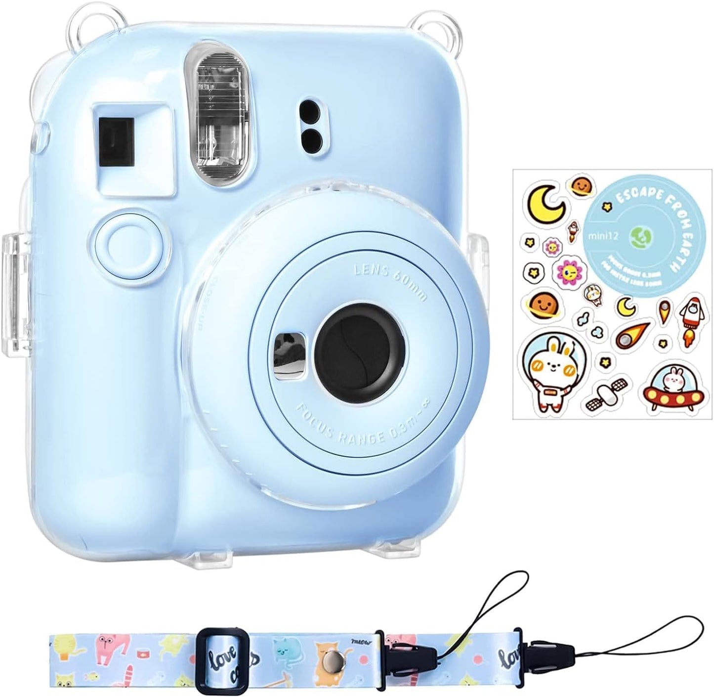 Protector Transparente Instax Mini 12 con Correa y Pegatina | Carcasa de Policarbonato D4