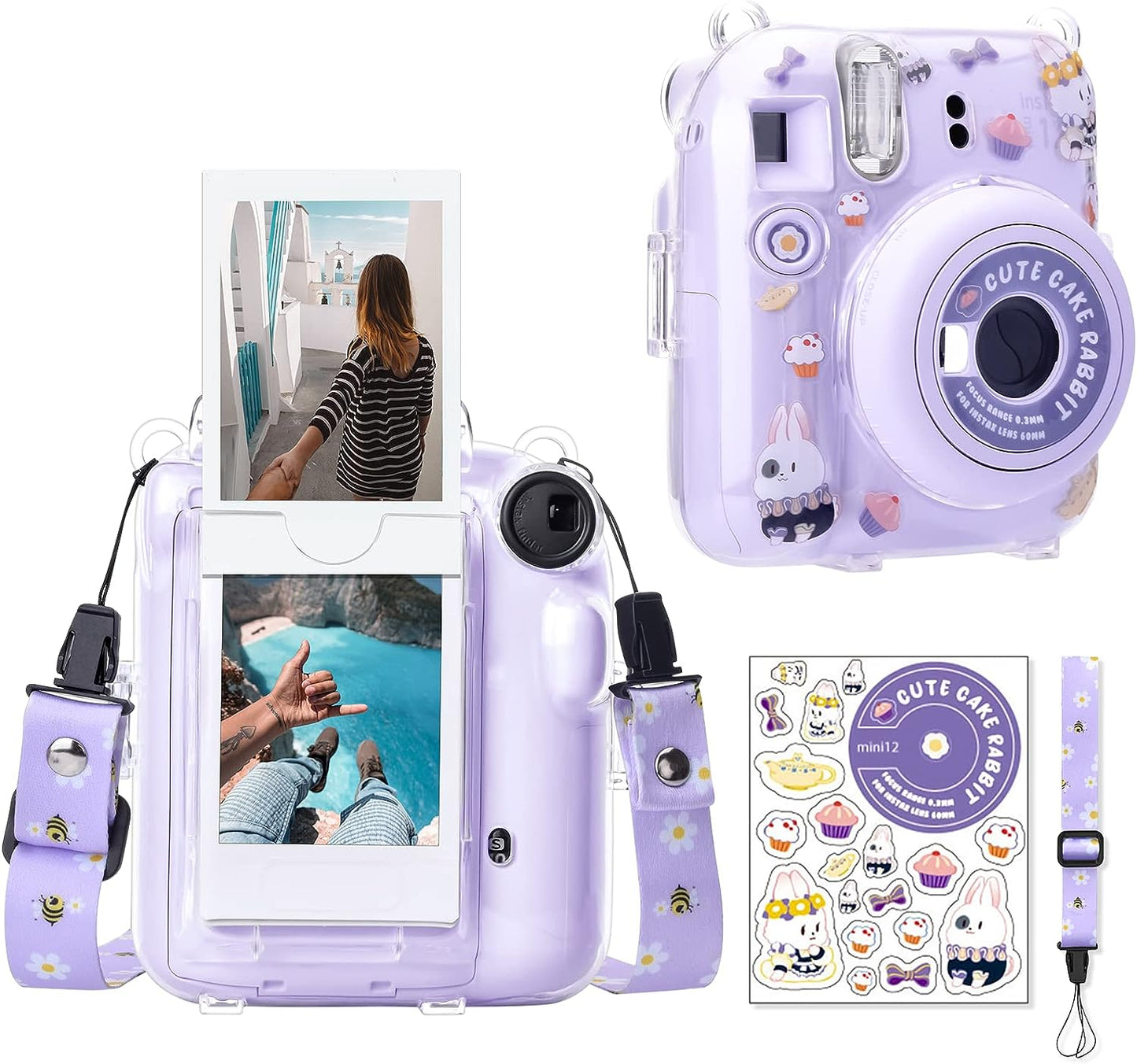 Protector Transparente Instax Mini 12 con Correa y Pegatina | Carcasa de Policarbonato D3