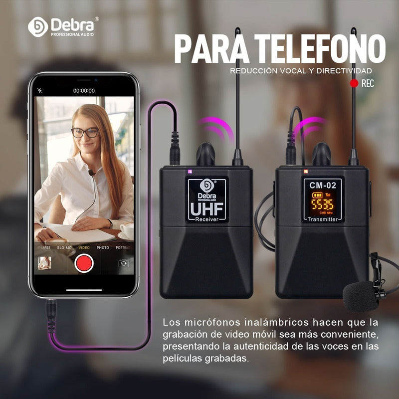 Micrófono Inalámbrico Debra UHF CM-02 Lavalier para Entrevistas DSLR Streaming Profesional