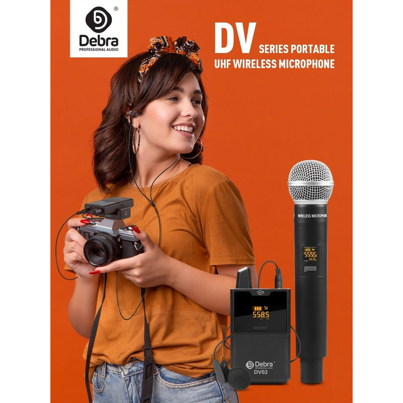 Micrófono Inalámbrico DV02H UHF con Solapa y Mano para Cámara y Smartphone