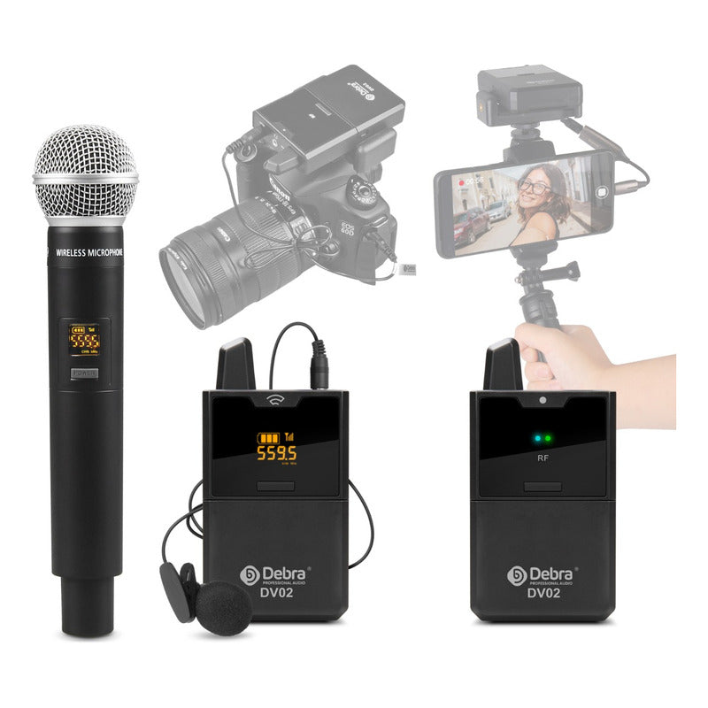 Micrófono Inalámbrico DV02H UHF con Solapa y Mano para Cámara y Smartphone