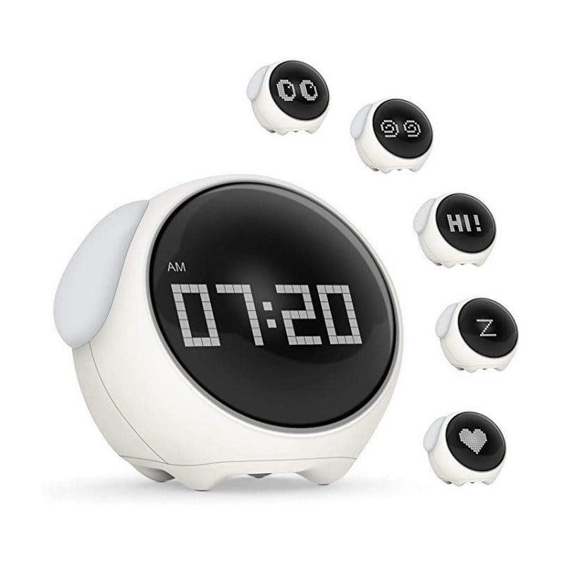 Reloj Despertador Emojis Blanco Infantil Interactivo – Expresiones Animadas y Alarma Personalizable