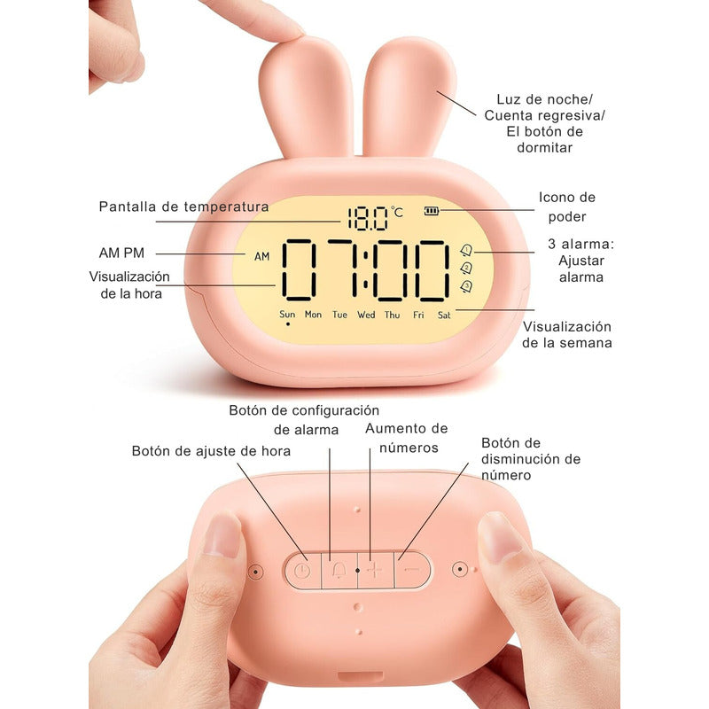 Reloj Despertador Infantil Conejito – Triple Alarma y Luz Nocturna Rosado