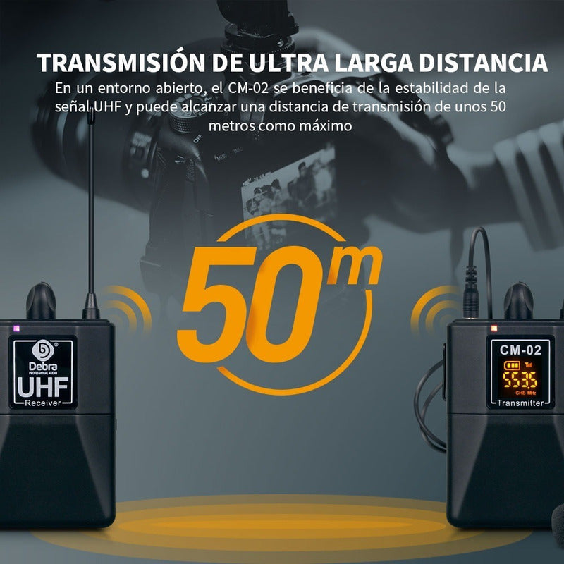 Micrófono Inalámbrico Debra UHF CM-02 Lavalier para Entrevistas DSLR Streaming Profesional