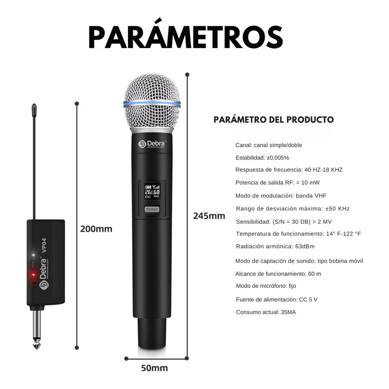 Micrófono Inalámbrico Debra VP-01 – 50 m, 6.5 mm, Recargable