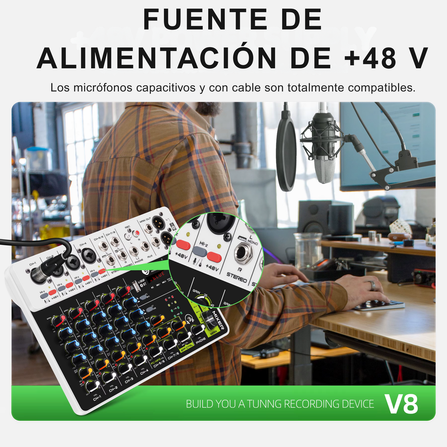 Consola Mezcladora Debra V8 8 Canales con Ecualizador - DJ Home Studio Grabación Streaming
