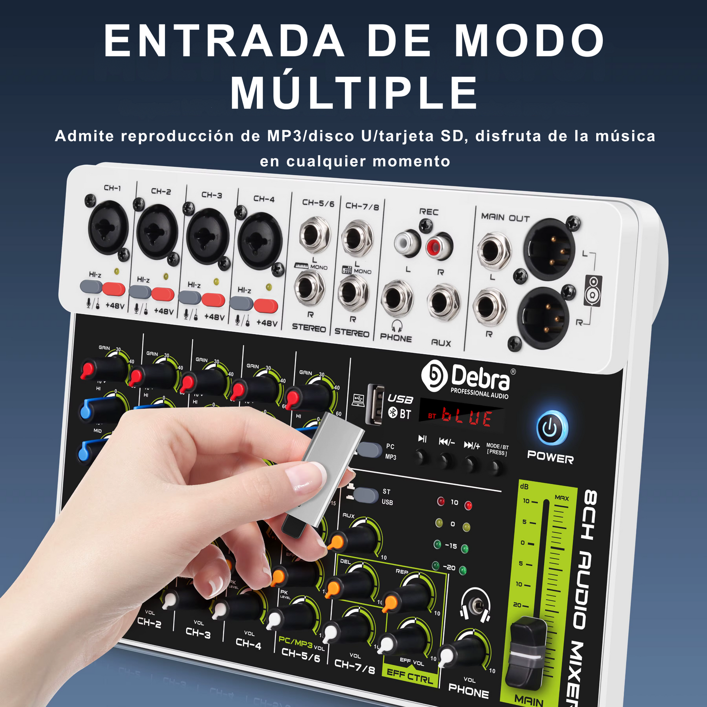 Consola Mezcladora Debra V8 8 Canales con Ecualizador - DJ Home Studio Grabación Streaming