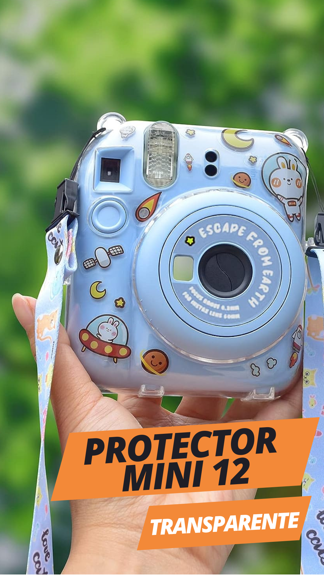 Protector Transparente Instax Mini 12 con Correa y Pegatina | Carcasa de Policarbonato D4