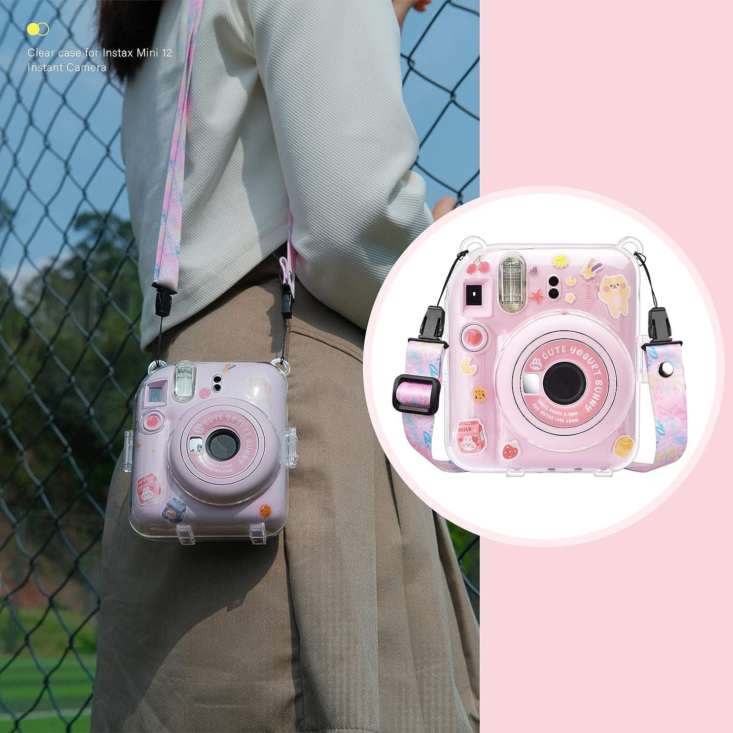 Protector Transparente Instax Mini 12 con Correa y Pegatina | Carcasa de Policarbonato D5