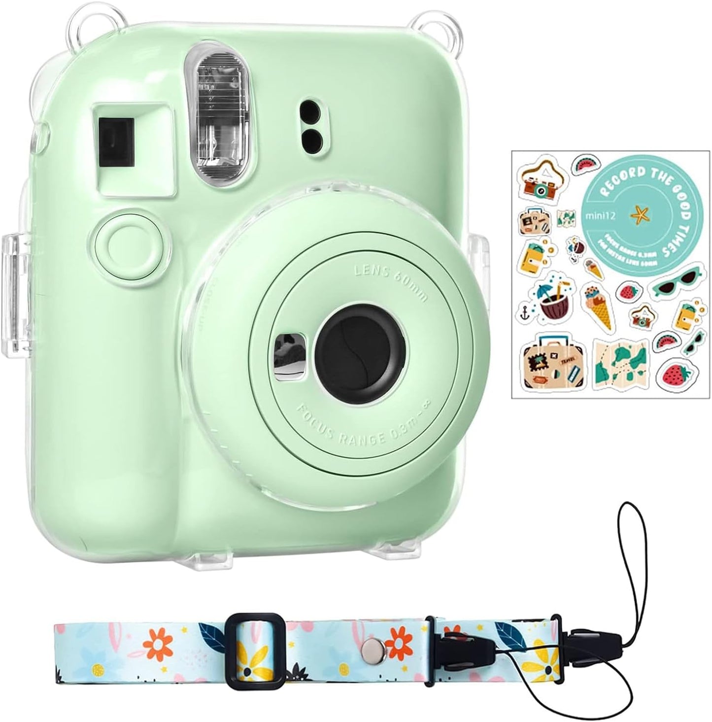 Protector Transparente Instax Mini 12 con Correa y Pegatina | Carcasa de Policarbonato D2