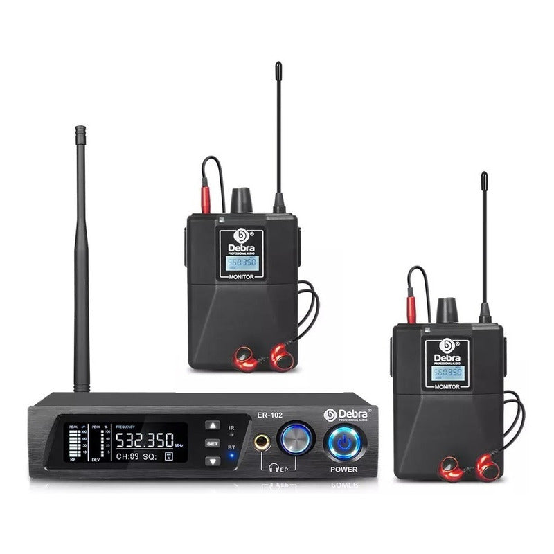 Sistema de Monitoreo inalambrico In-ear Debra  ER-102 Uhf Bluetooth 2 Receptores