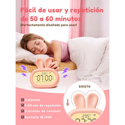 Reloj Despertador Infantil Conejito – Triple Alarma y Luz Nocturna Rosado