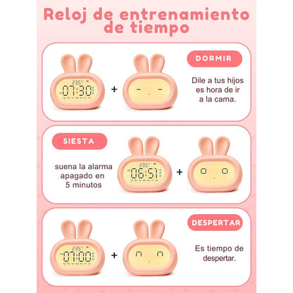 Reloj Despertador Infantil Conejito – Triple Alarma y Luz Nocturna Rosado