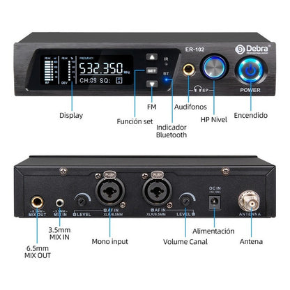 Sistema de Monitoreo inalambrico In-ear Debra  ER-102 Uhf Bluetooth 2 Receptores