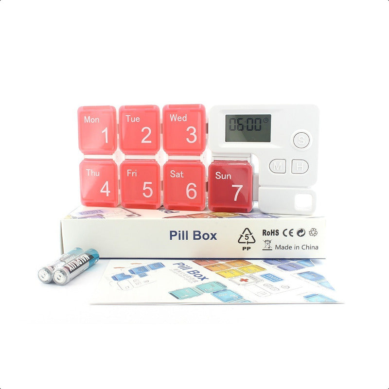 Pastillero Semanal con 4 Alarmas - 7 Compartimentos para Cada Día, Azul y Rojo