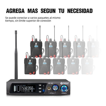 Sistema de Monitoreo inalambrico In-ear Debra  ER-102 Uhf Bluetooth 2 Receptores
