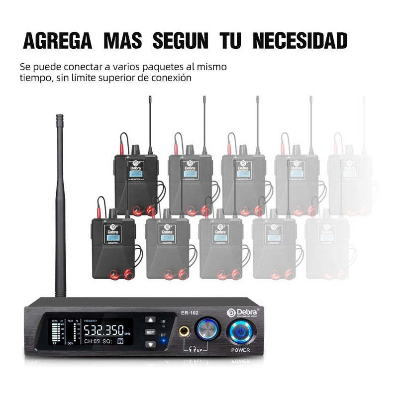 Sistema de Monitoreo inalambrico In-ear Debra  ER-102 Uhf Bluetooth 4 Receptores