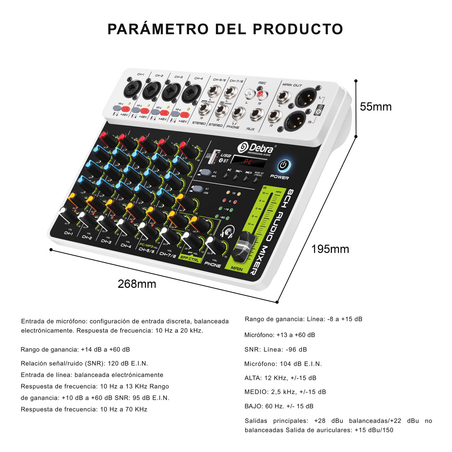 Consola Mezcladora Debra V8 8 Canales con Ecualizador - DJ Home Studio Grabación Streaming