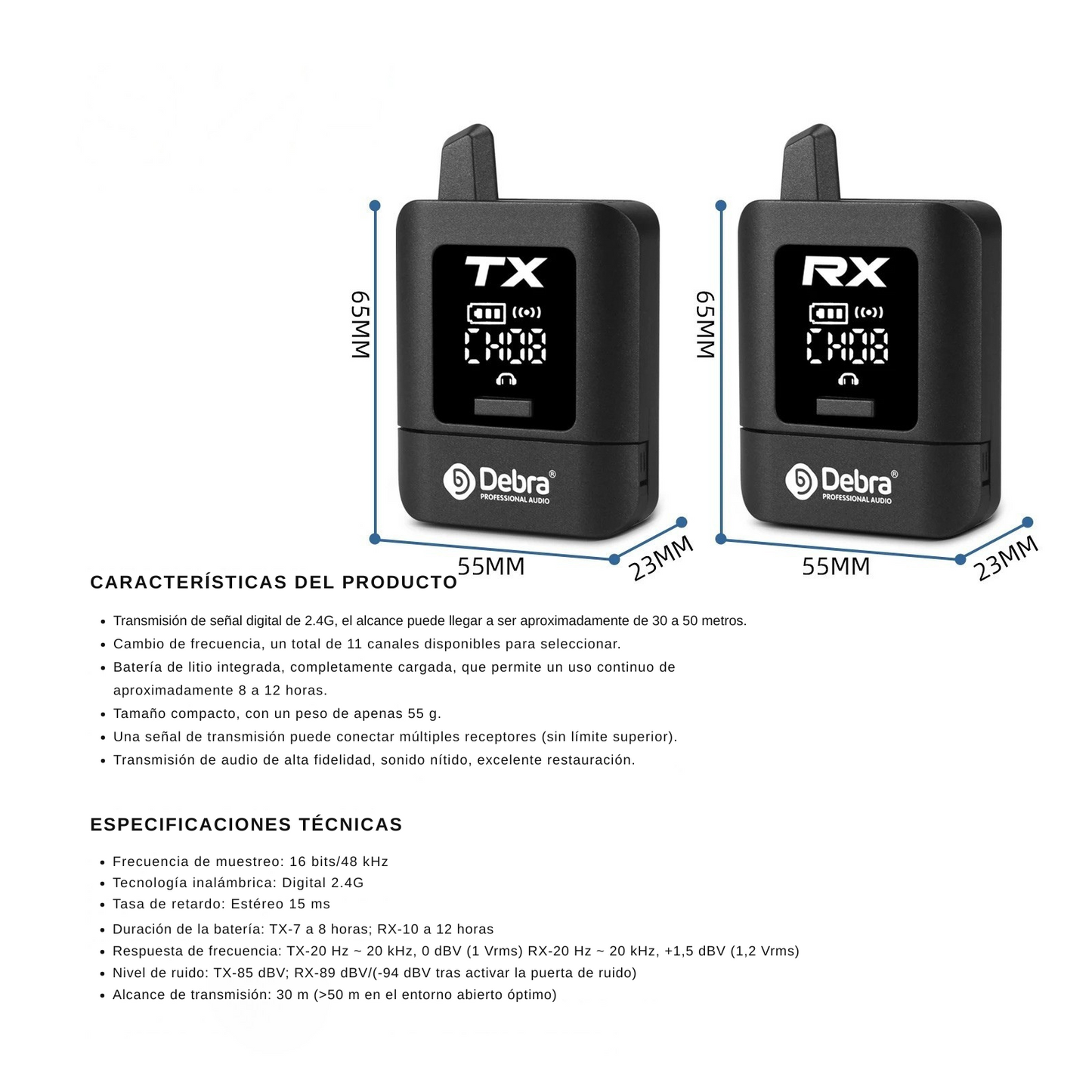 Sistema de Monitoreo Inalámbrico Intrauditivo Estéreo – 2.4G Digital, 50m Alcance, Batería Recargable, 10h Duración