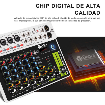 Consola Mezcladora Debra V8 8 Canales con Ecualizador - DJ Home Studio Grabación Streaming