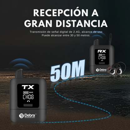 Sistema de Monitoreo Inalámbrico Intrauditivo Estéreo – 2.4G Digital, 50m Alcance, Batería Recargable, 10h Duración