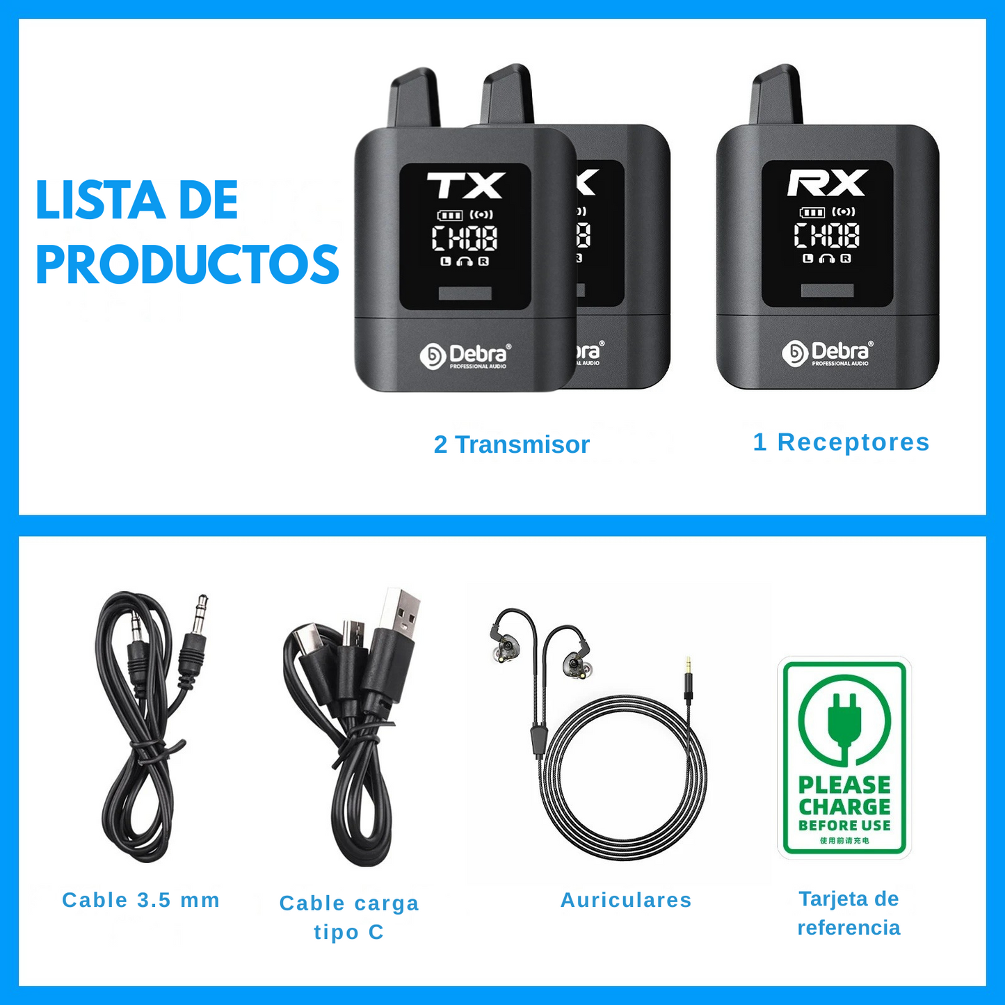 Sistema de Monitoreo Inalámbrico Intrauditivo Estéreo – 2.4G Digital, 50m Alcance, Batería Recargable, 10h Duración