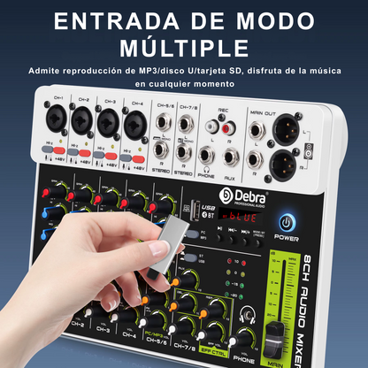 Consola Mezcladora Debra V8 8 Canales con Ecualizador - DJ Home Studio Grabación Streaming