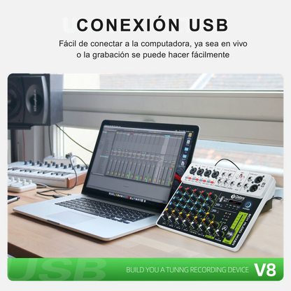 Consola Mezcladora Debra V8 8 Canales con Ecualizador - DJ Home Studio Grabación Streaming