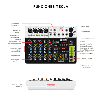 Consola Mezcladora Debra V8 8 Canales con Ecualizador - DJ Home Studio Grabación Streaming